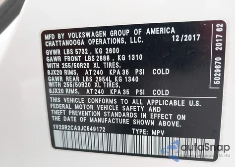 2018 Volkswagen Atlas 3.6L V6 Sel from USA, damaged, VIN 1V2SR2CA3JC549172